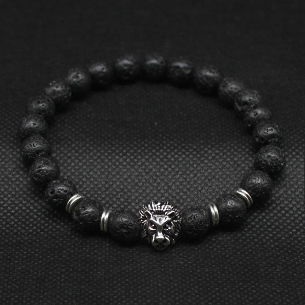 Leo Lion Head & Black Lava Stone Beaded Bracelets Gold Lion Lava