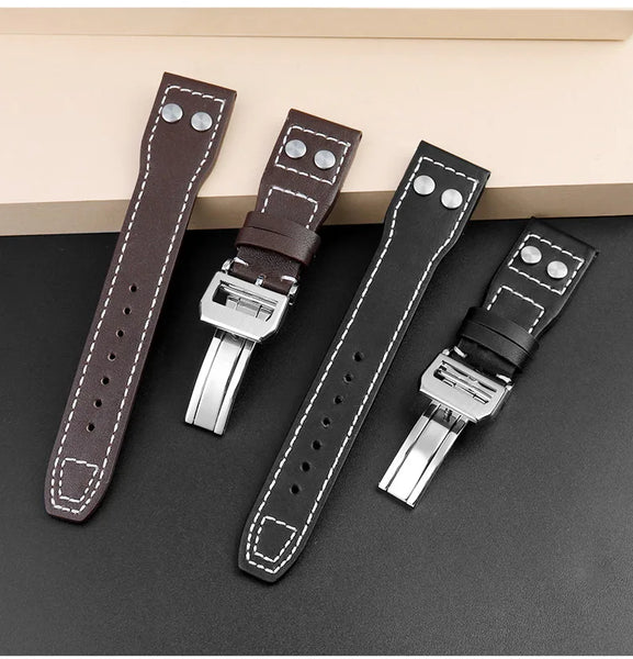 This is a pilot style watch with the IWC Pilot leather strap. Made from quality cow hide. This replacement strap comes in 3 sizes and 3 colors to match your personal style. No markings in the clasp for a sleek and sophisticated look. Suitable for all pilot style watches . Time to take flight (with style)!