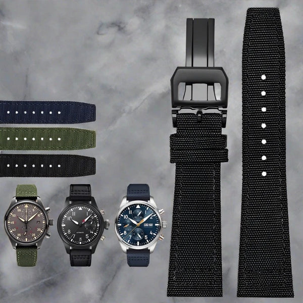 This is aNylon Watch Strap with clasp For IWC. Available in 3 sizes and 3 color combinations for both the strap and clasp, this replacement strap brings a stylish and comfortable touch to your timepiece.  Sourced by Strapmeister