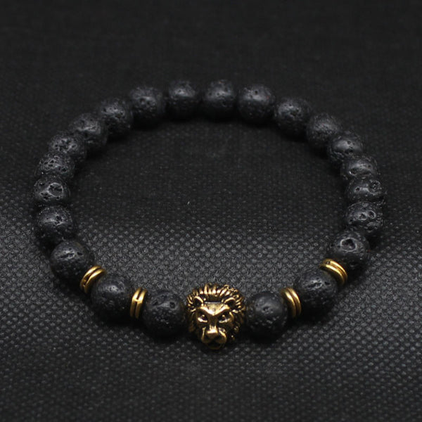 Leo Lion Head & Black Lava Stone Beaded Bracelets - StrapMeister